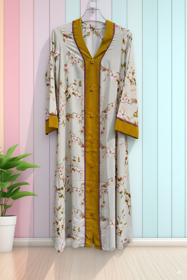Light Gray Floral Borka with Mustard Yellow Buttons & Collar | HijabBari"